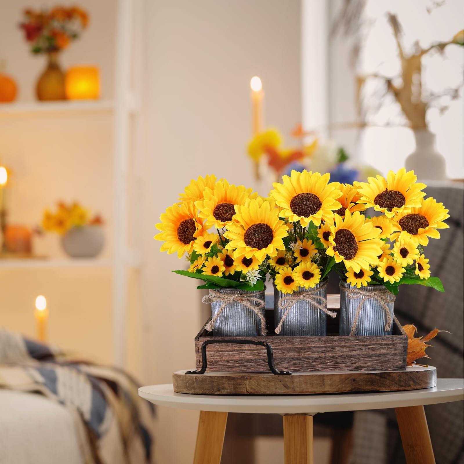Set of 3 Artificial Sunflowers Metal Pot Centerpiece Farmhouse Sunflowers Flo…