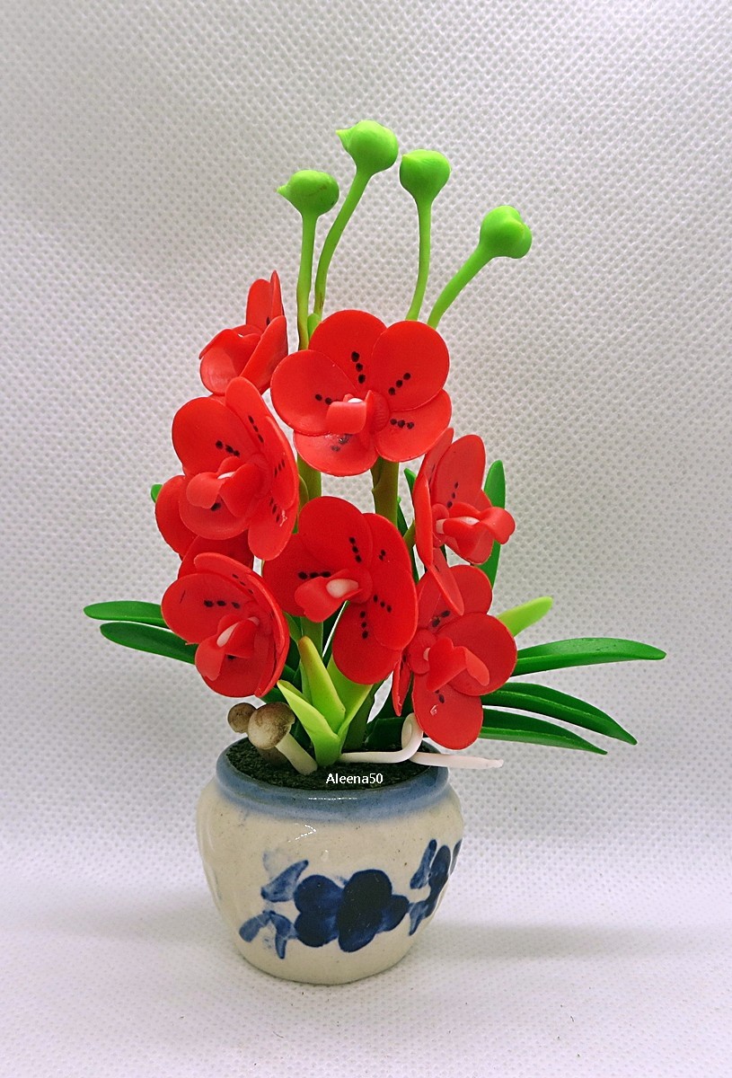 US Stock 5″H Handmade Air-Dry-Clay Miniature Dendrobium Orchid Arrangement