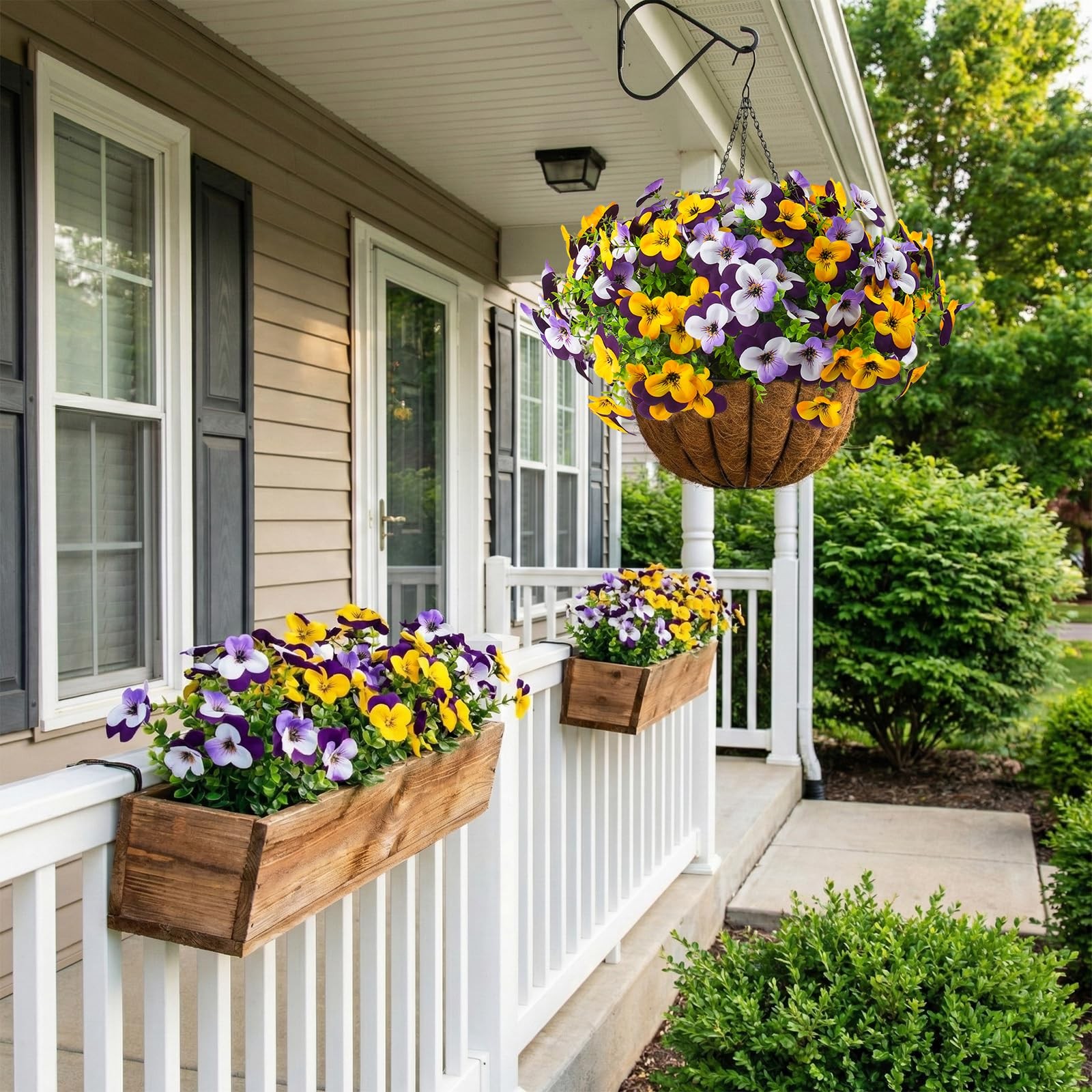 2 Set Artificial Outdoor Pansy Flowers with Hanging Baskets, 2 Hanging Basket…