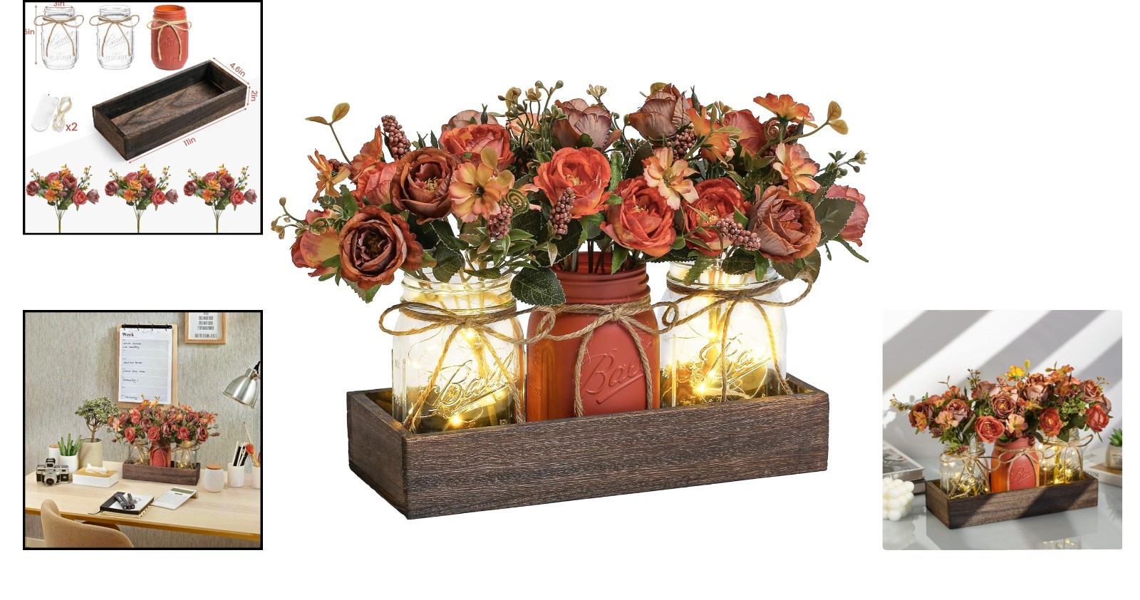 Versatile 3-Pc Mason Jar Set with Wood Tray & LED for Dining & Living Spaces