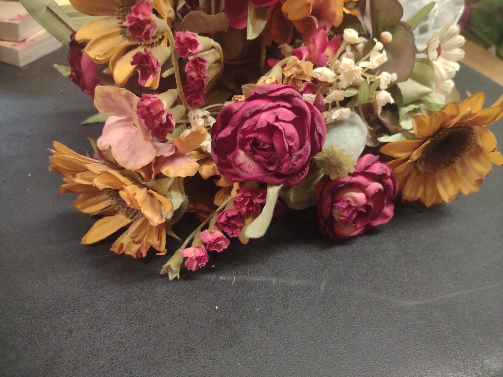 14″ Vintage Silk Bush, 16 Stems, Cranberry Ranunculus & Mustard Sunflowers