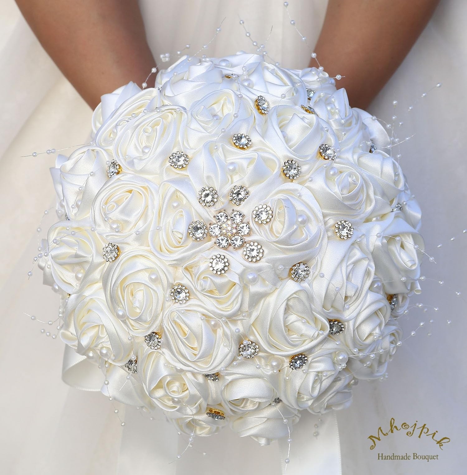 Ivory 7.5 Inch Bridal Wedding Bouquet Round Bling Brooch Artificial Rose Toss