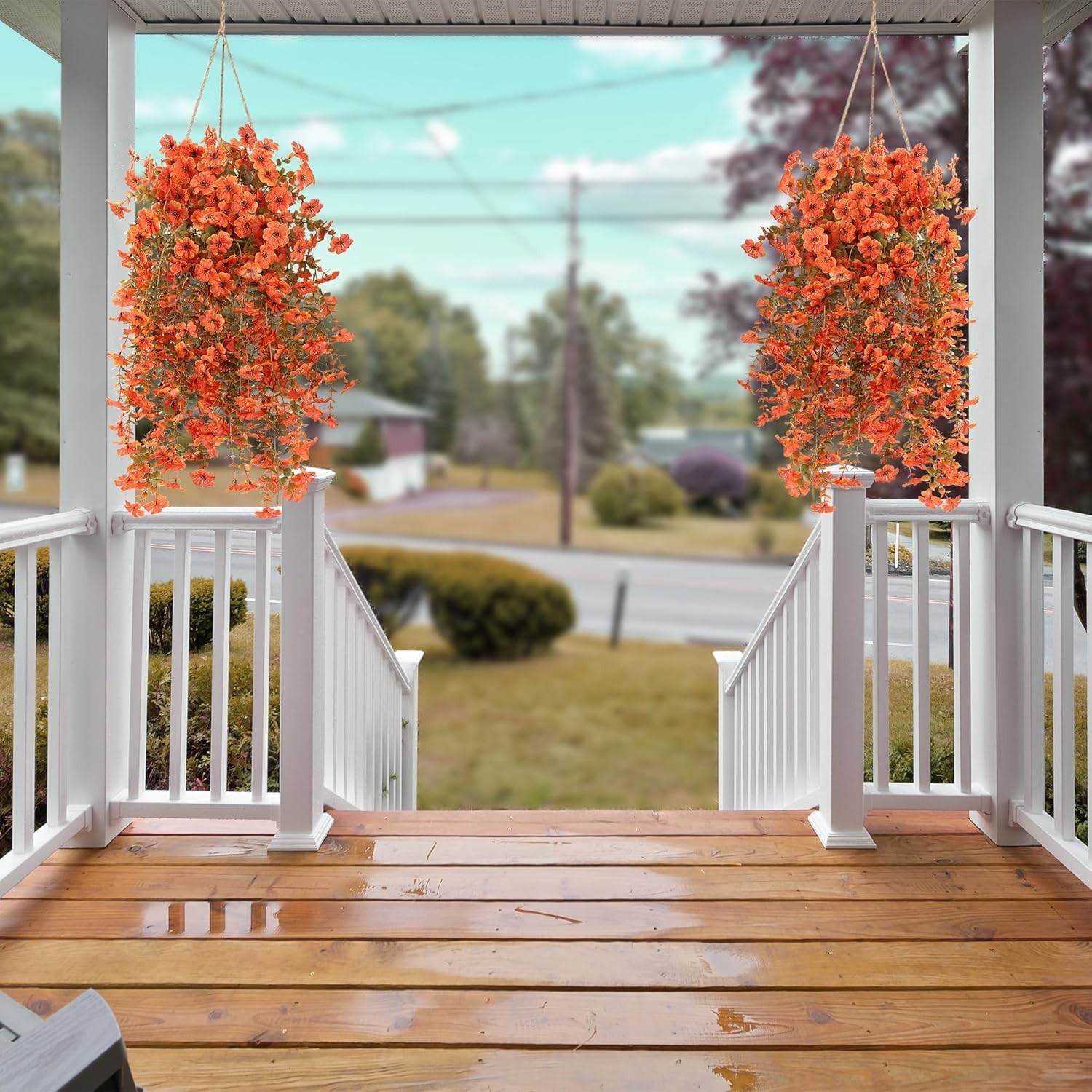 Flores Artificiales Otono 2Piezas Colgantes Exterior Resistentes UV Naranja Rojo