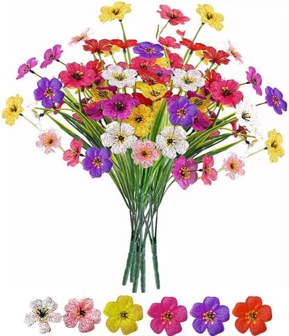 Decorative Fake Flowers, 6 Bundles for Indoor Use, Vibrant Colors, Plastic