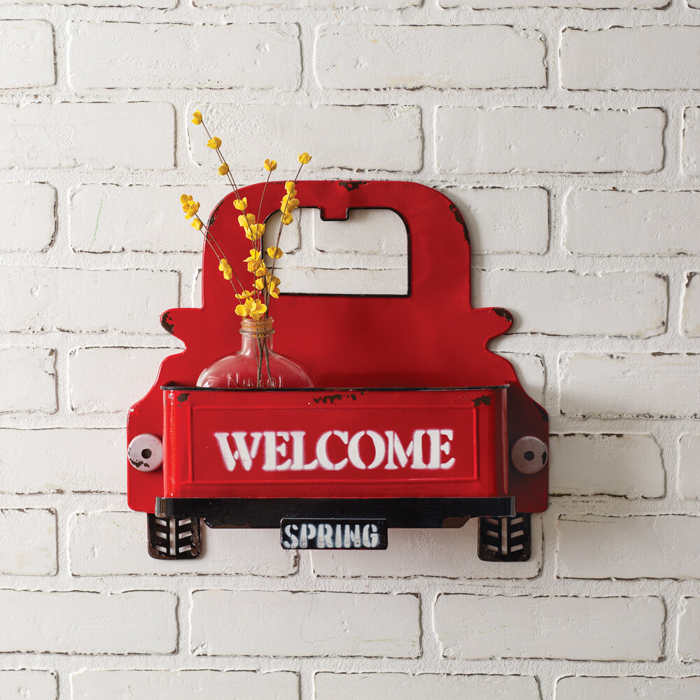 New Welcome Spring Red Truck metal wall pocket