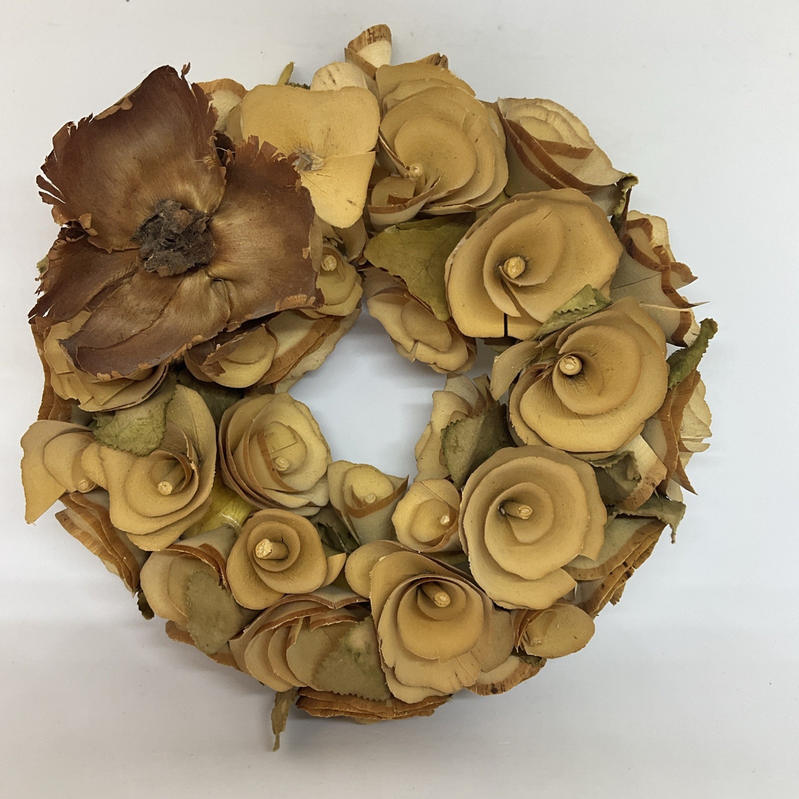 Sola Rose Flower Wood Curl Wreath Sepia Toned Beige