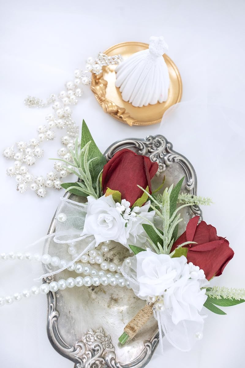 Burgundy Artificial Rose Corsage and Boutonniere Set Wedding Prom Decor