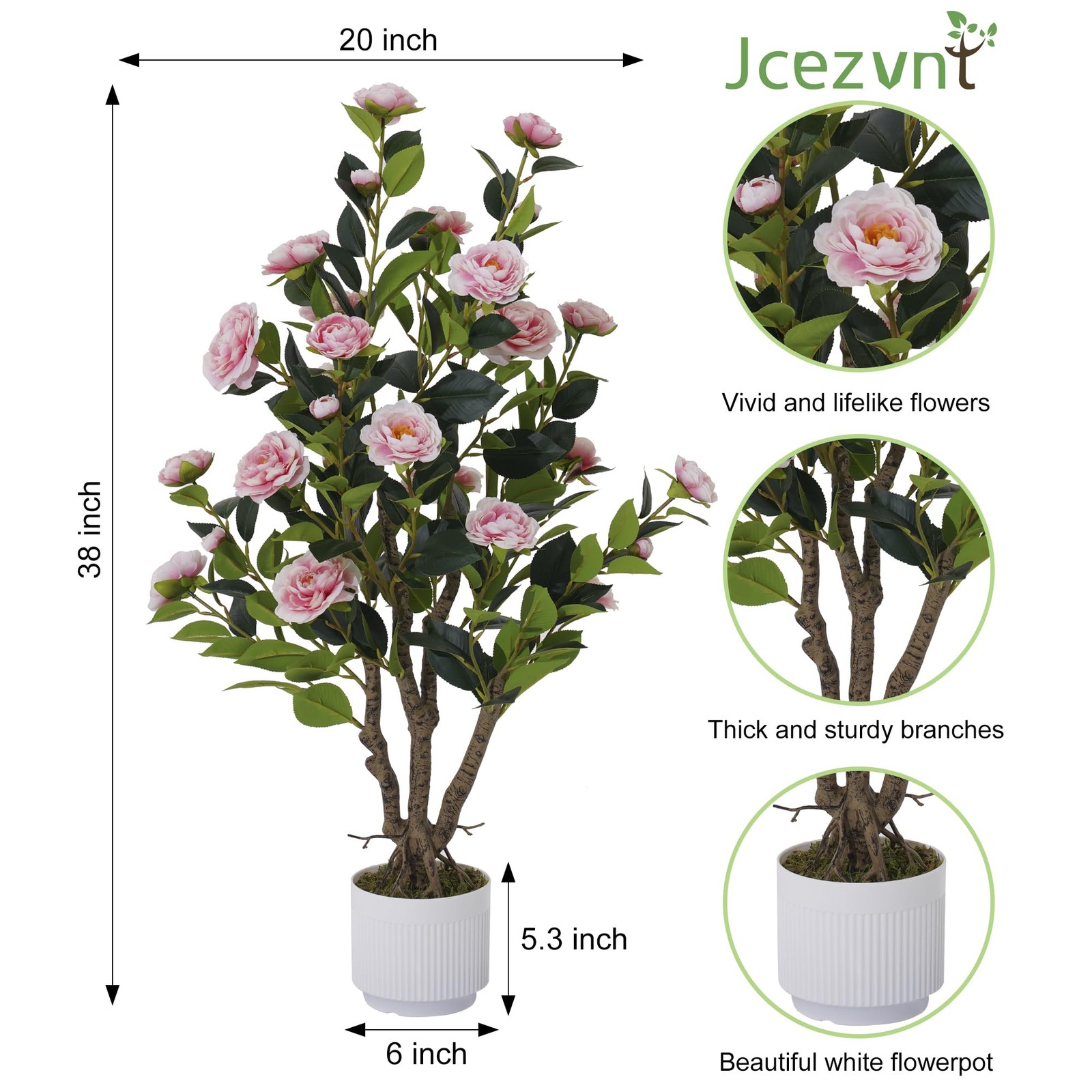 2 Pack Artificial Camellia Tree with White Pot, 38″ Faux Potted Plants for In…