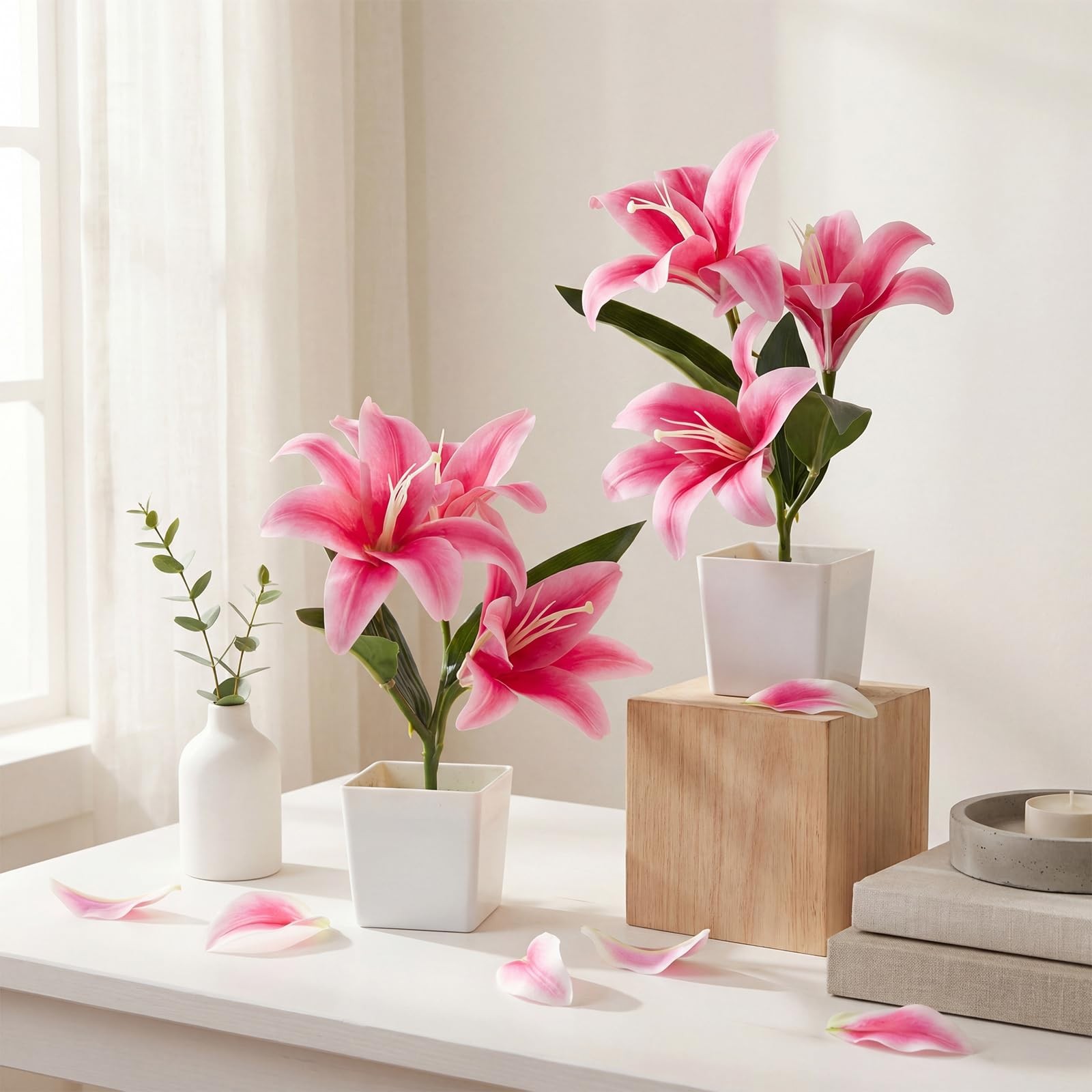 5 Pcs Artificial Lily Flowers Small Potted Tiger Lily Fake Silk Faux Spring E…