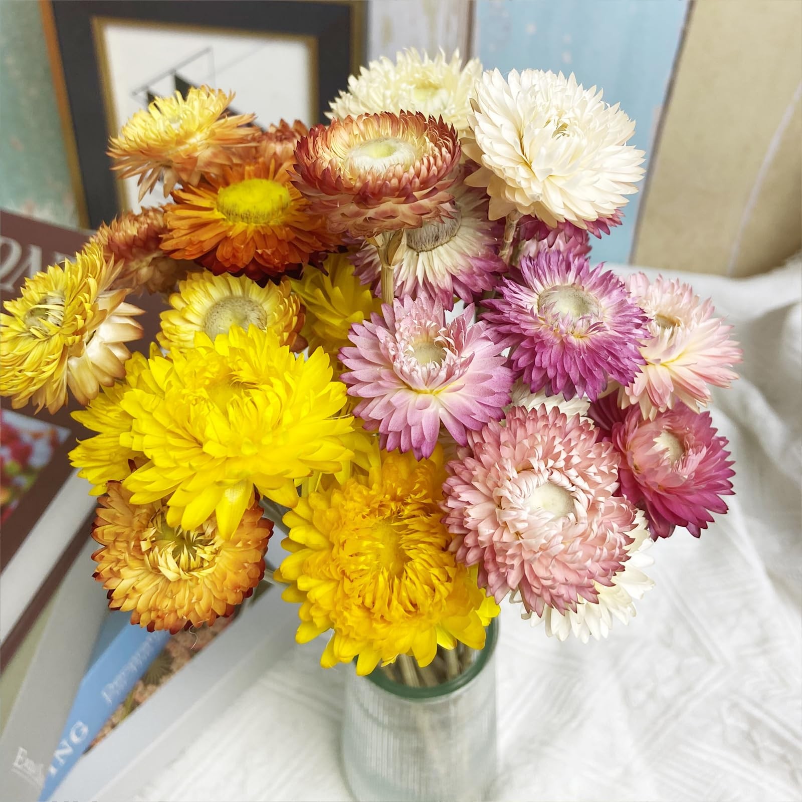 16 PCS Pink White Natural Daisy Strawflower Dried Flower Bouquets Party Decor