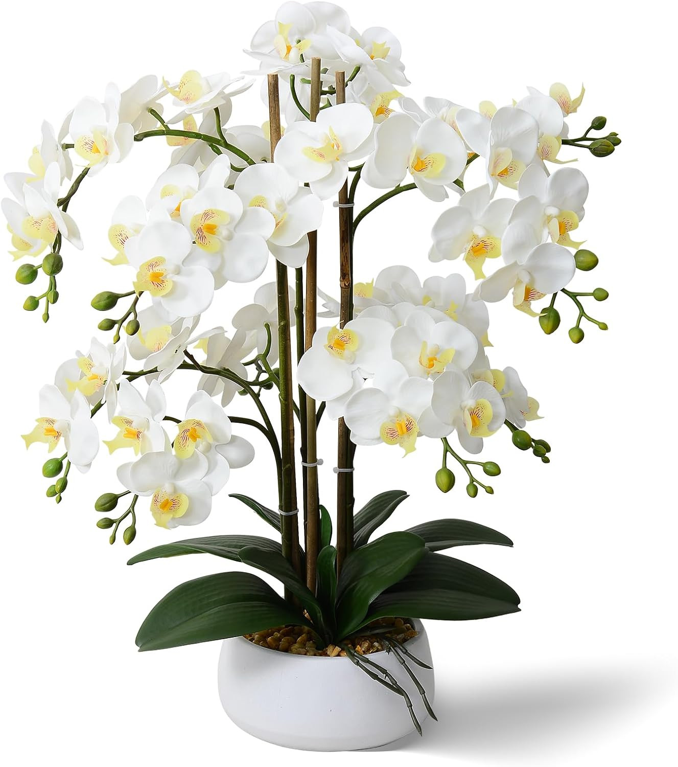 Realistic White Orchid Arrangement in Ceramic Pot for Home Decor