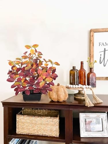 15.7″ Fake Fall Bonsai Plant in Black Pot, Artificial Autumn Eucalyptus Red