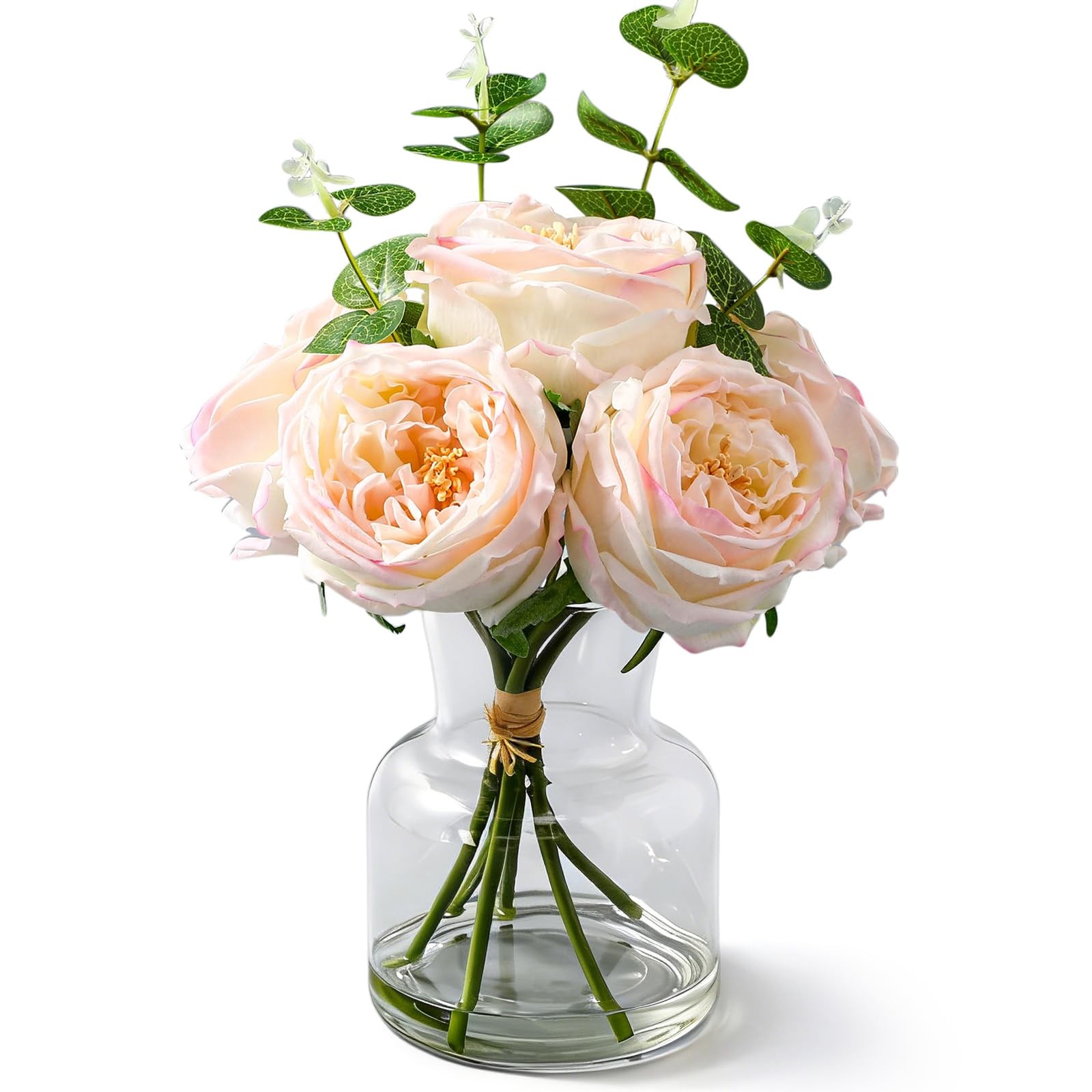 Real Touch Peonies Artificial Flowers Faux Austin Rose Vase Light Pink 6 PCS