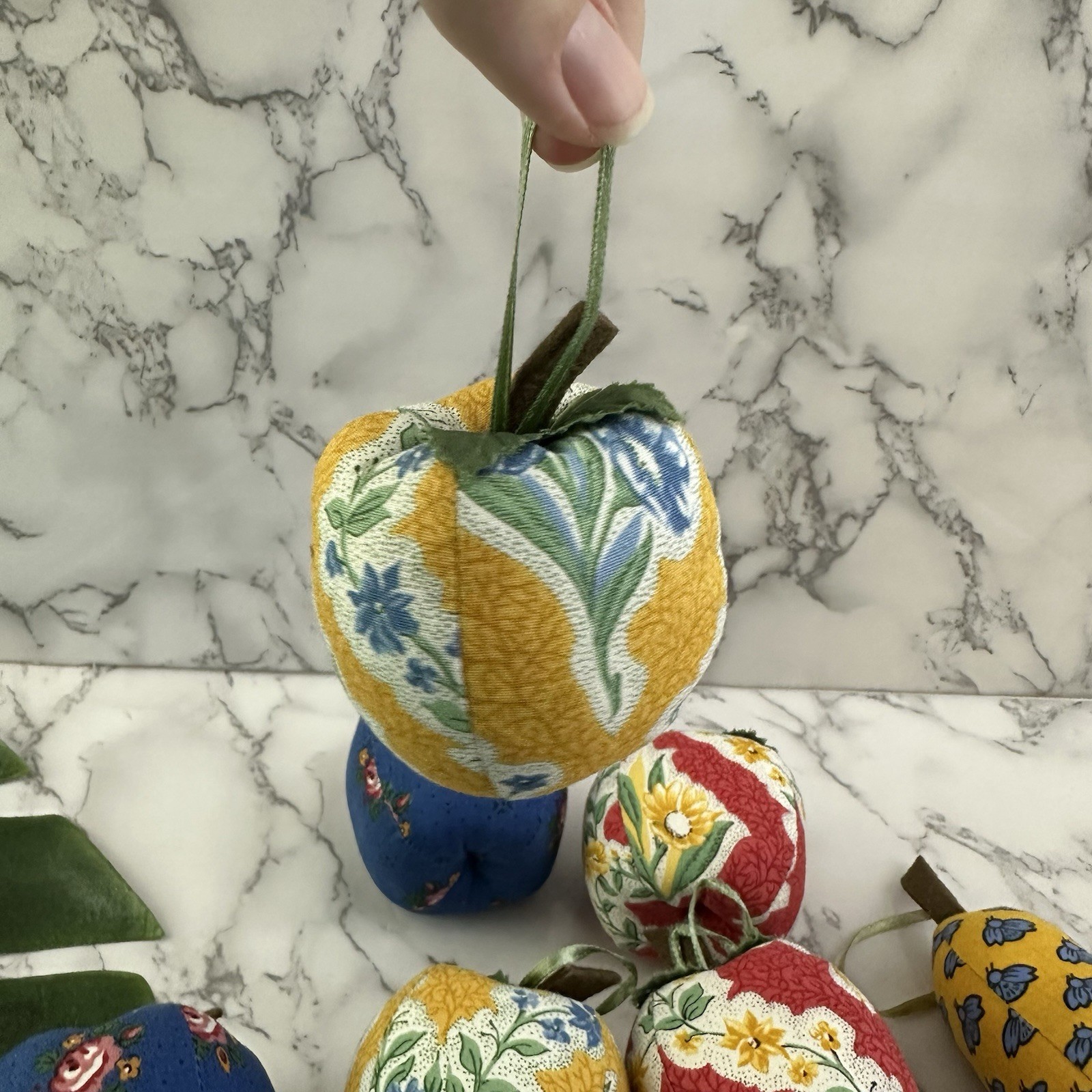 Vintage 90s Fabric Fruit Vase Filler Bowl Decor Blue Yellow Cottage Apple Pears