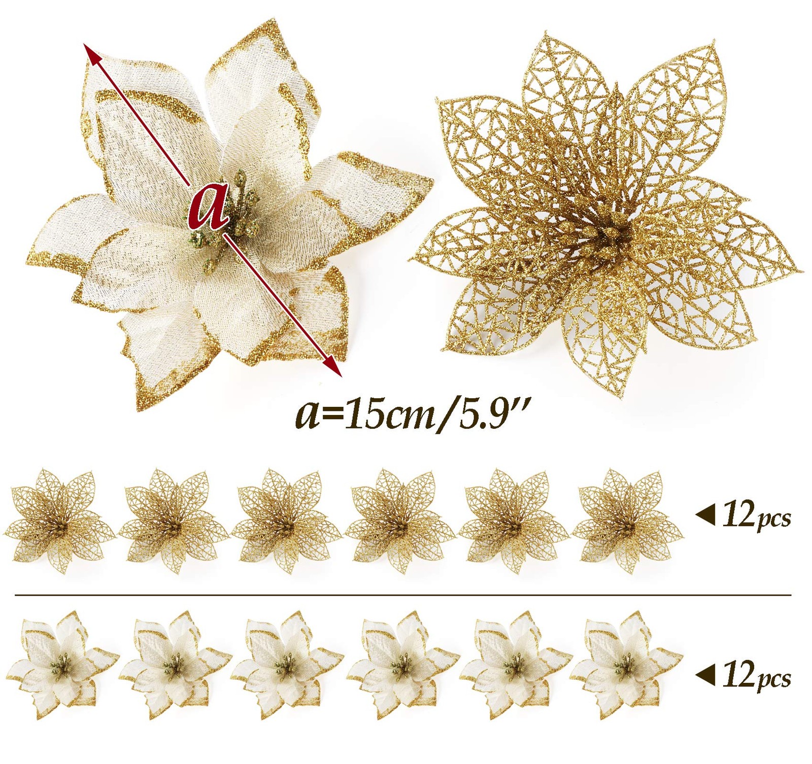 24 PCS Gold Poinsettias 6 Inch Glitter Artificial Christmas Flowers 30 Clips