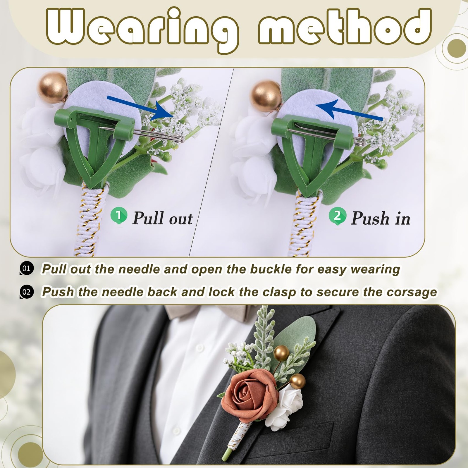 Burnt Orange Faux Foam Rose Boutonnieres for Men Wedding 6Pcs