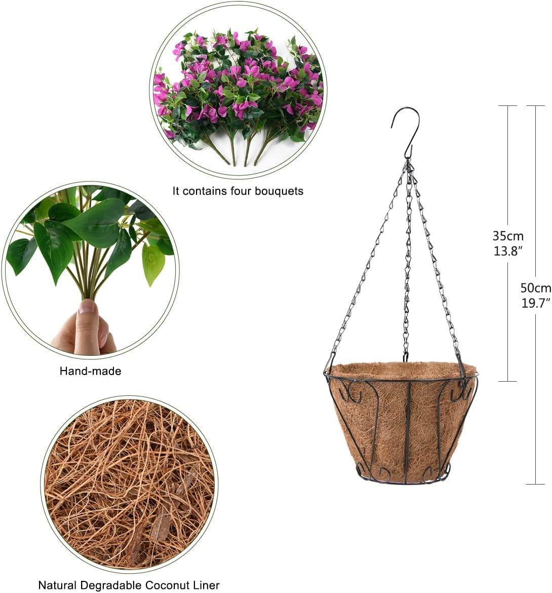 Artificial Hanging Flowers Plants Basket for Outdoor Decoration 4 PCS Faux Silk