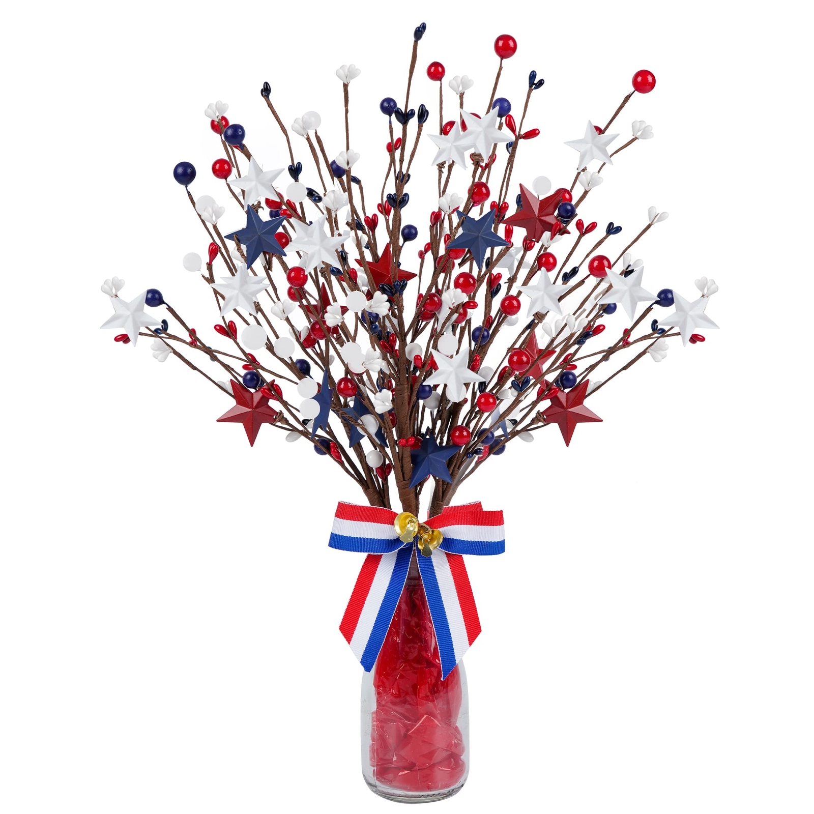 4 Pack Patriotic Artificial Berry Stem Picks White Blue Red Stars For 4th Of Jul