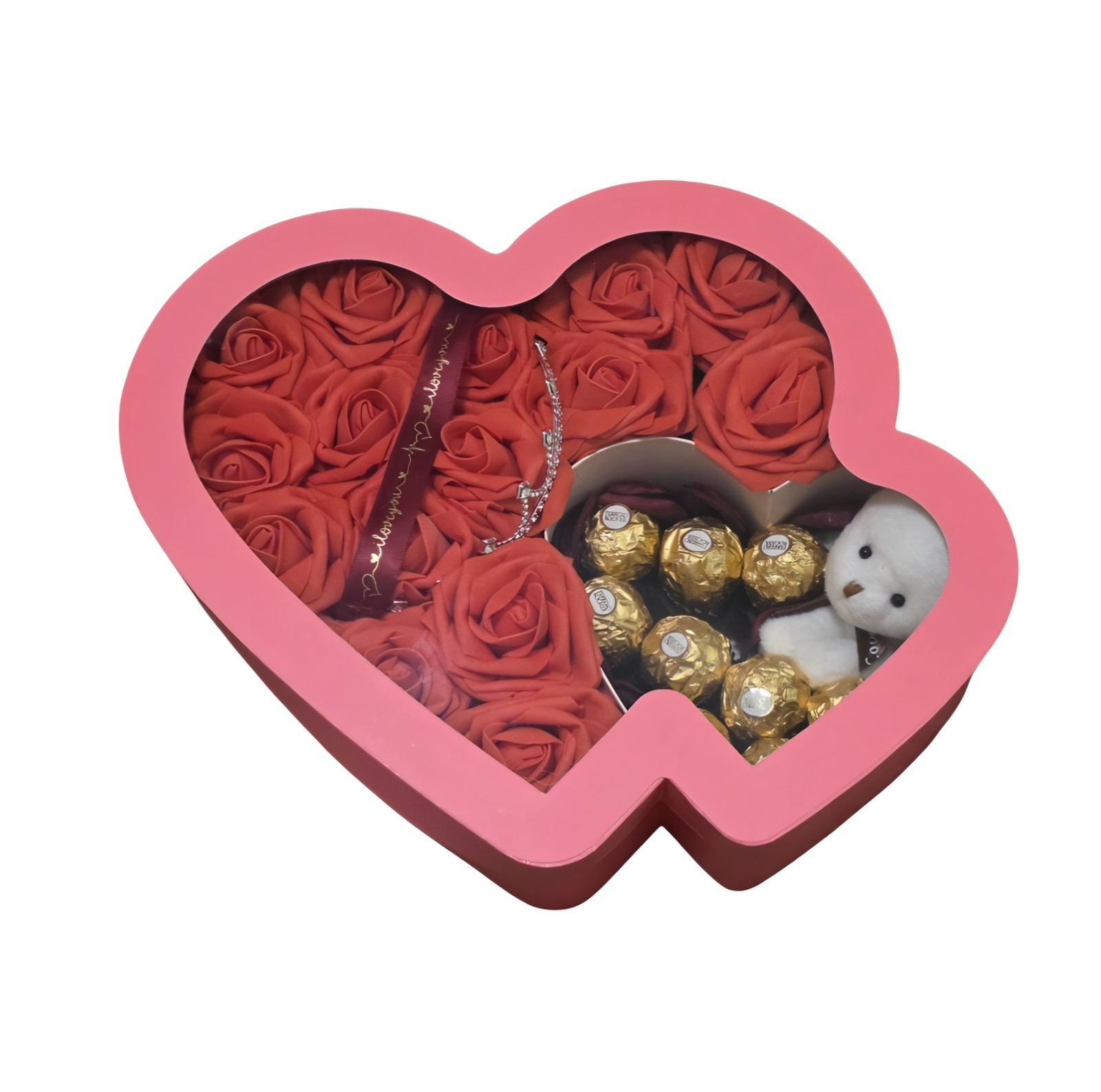 Eternal red flowers with a box in the shape of a pink heart, chocolate/bear.