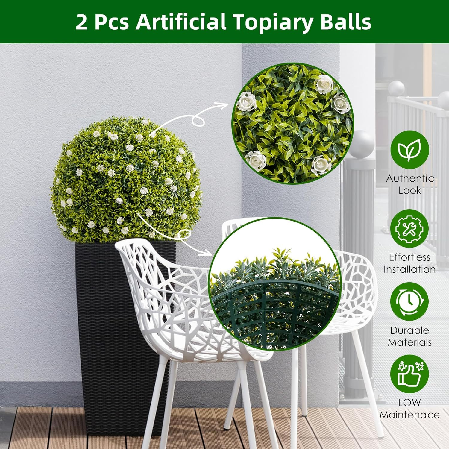 20.5″ Artificial Boxwood Topiary Ball Set of 2 with White Flowers for Home Decor