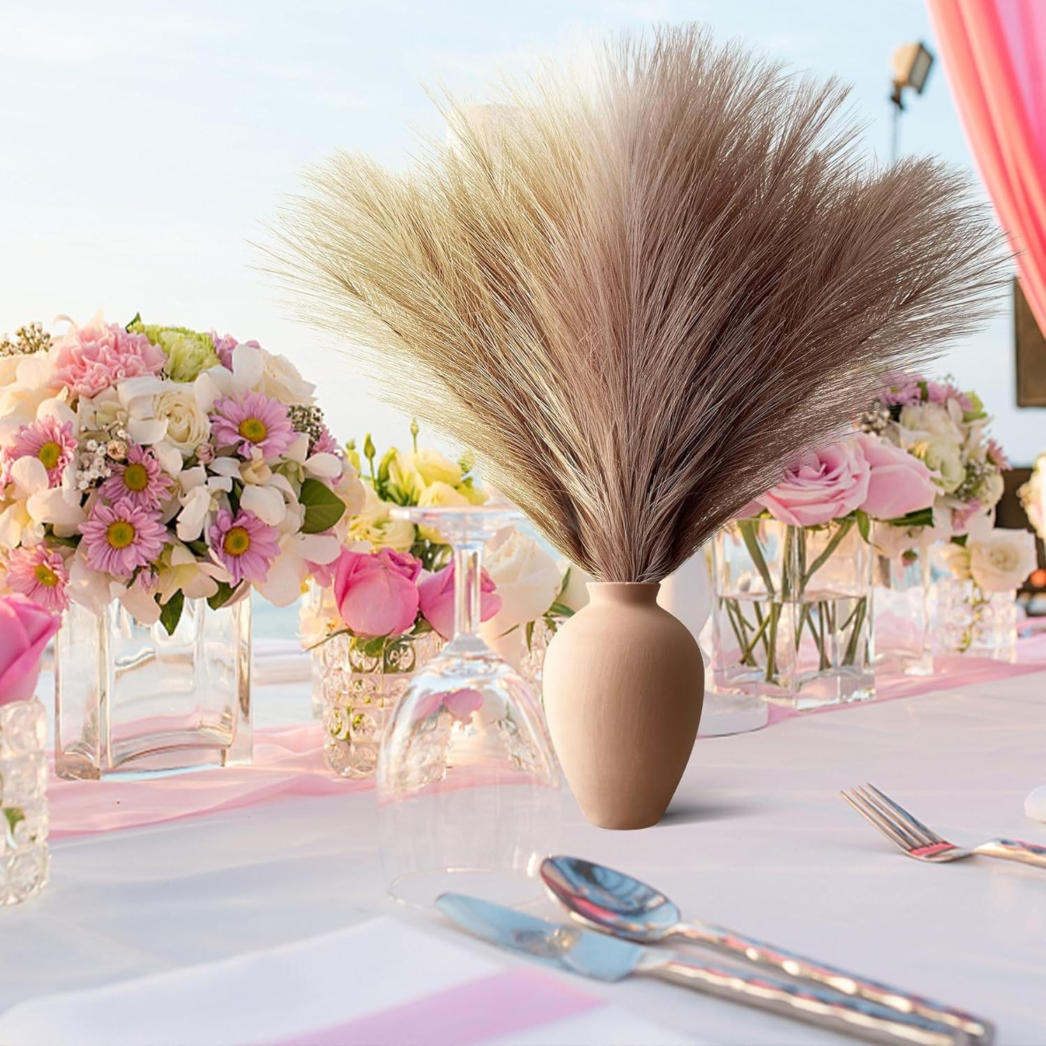 Boho Faux Pampas Grass 6 Stems Beige Curry Brown Silk Artificial Flower Decor