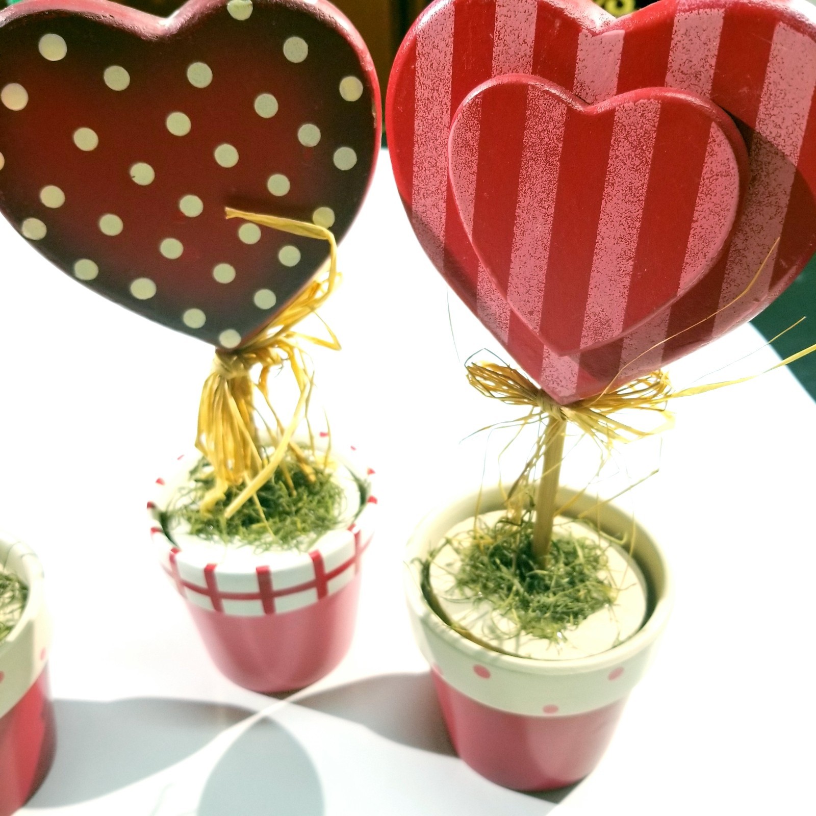 Lot of 3 Heart Topiary Decor Red Pink Polka Dot Striped Pots 9” Valentine Decor