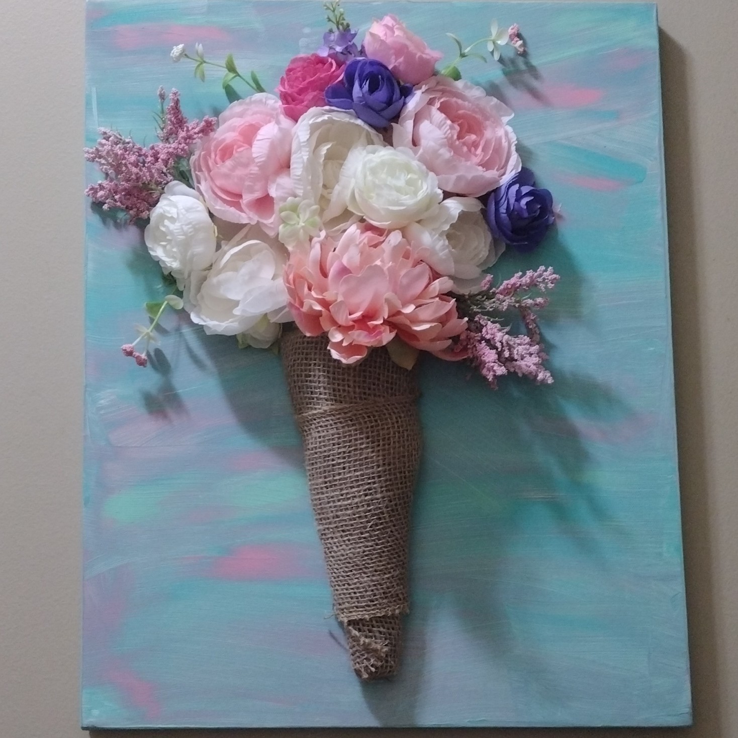 Artificial Rose Floral Wall Decor Canvas Arrangement, Pink/White/Purple