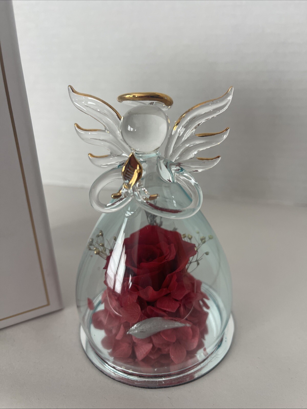Angel Preserved Rose Real Red Flower Clear Glass Angel Anlunob Gifts 4.25”