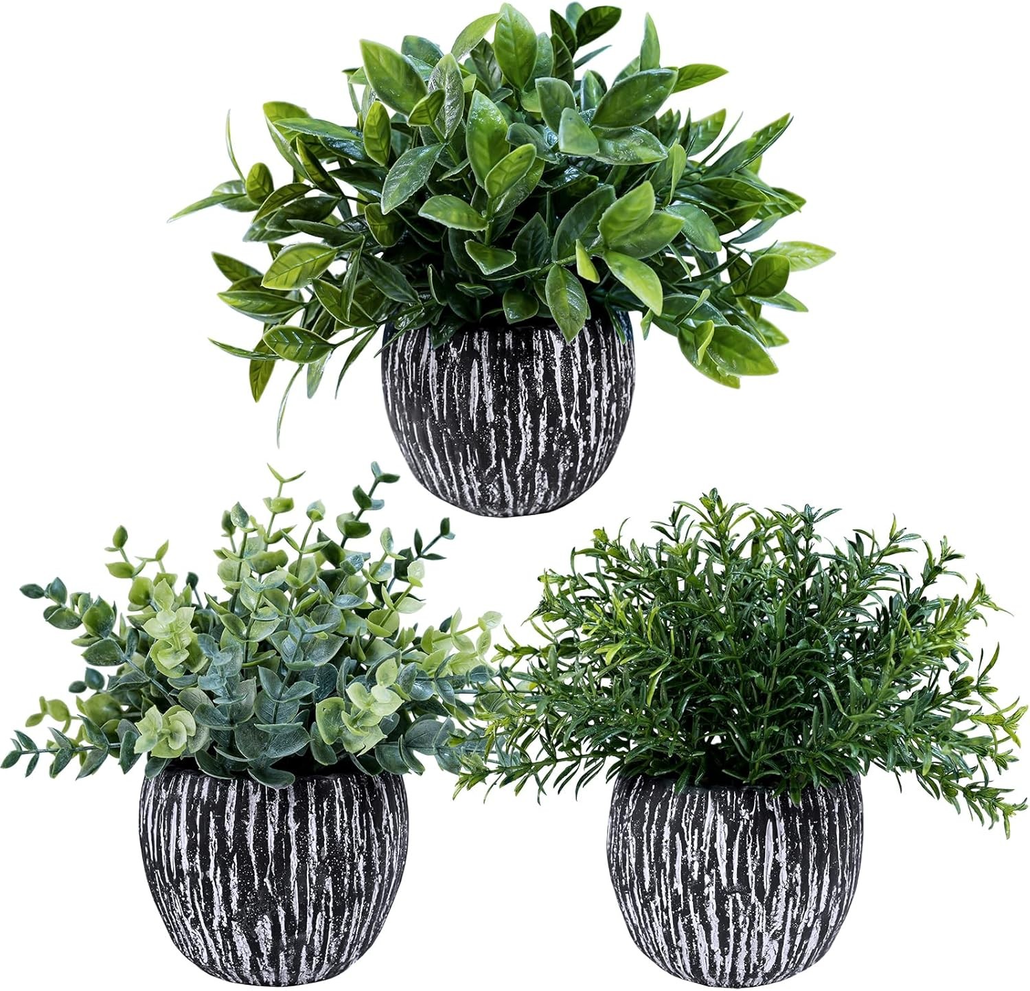 Set of 3 Artificial Potted Plants Faux Eucalyptus Rosemary Boxwood Greenery in B