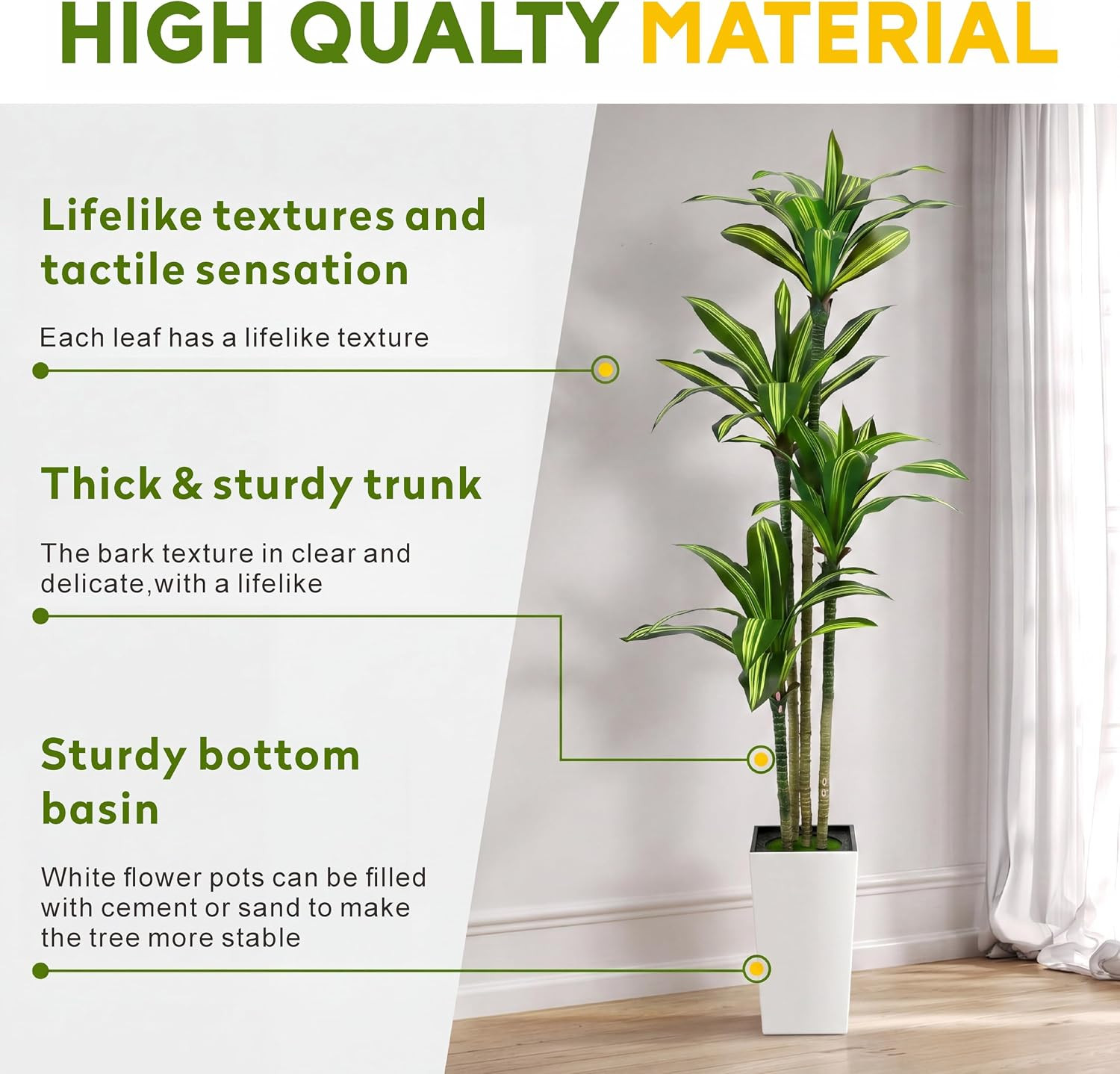 7FT Dracaena Artificial Plants Indoor,With White Tall Planter | Decor Fake Tree,
