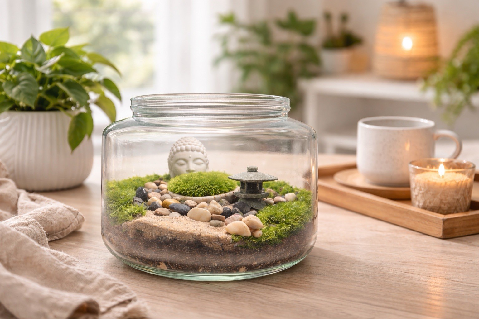 Preserved Moss Zen Terrarium Glass Jar Buddha Decor No Maintenance