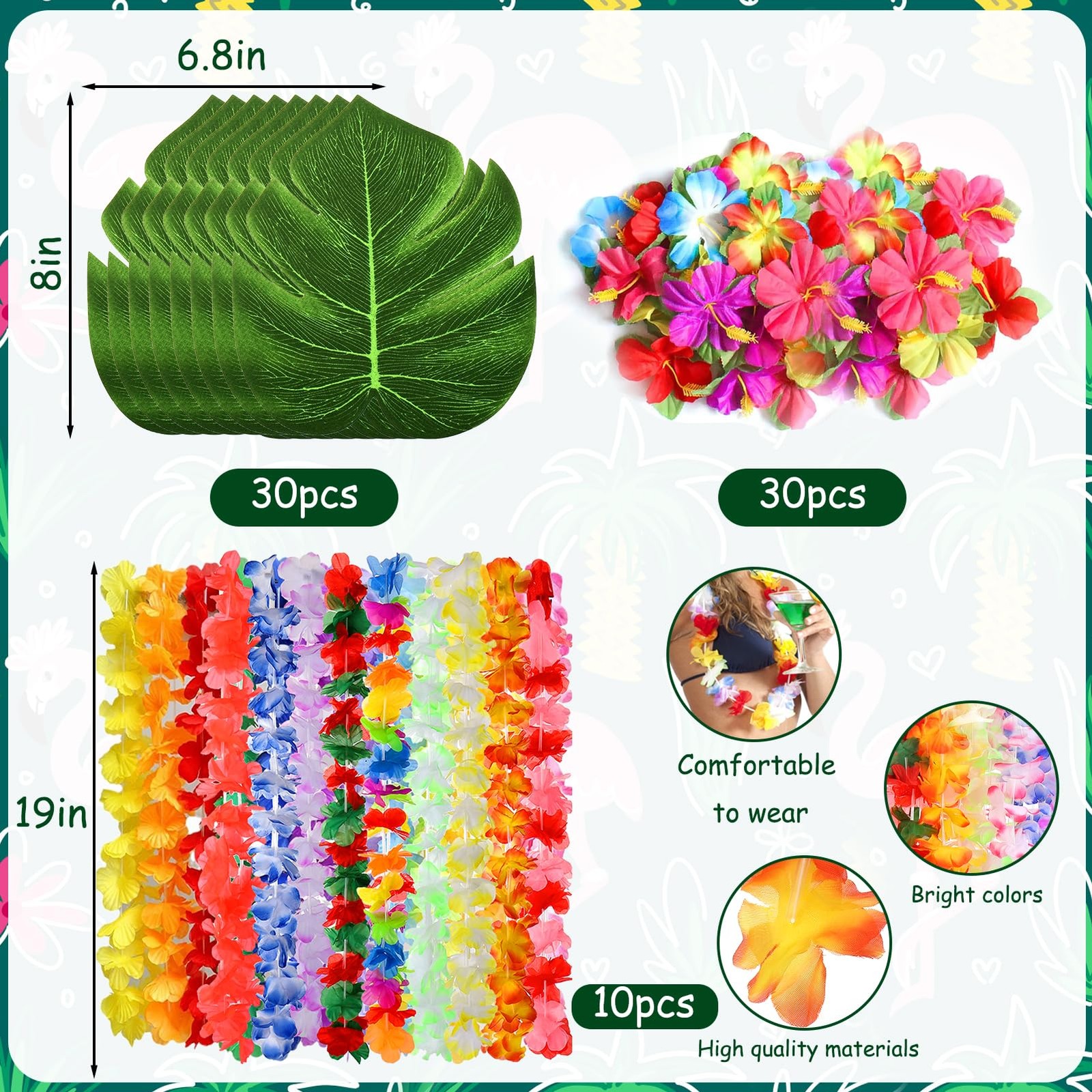 70 Pcs Hawaiian Luau Leis Decorations Supplies, Tropical Palm Leaves Hibiscus…