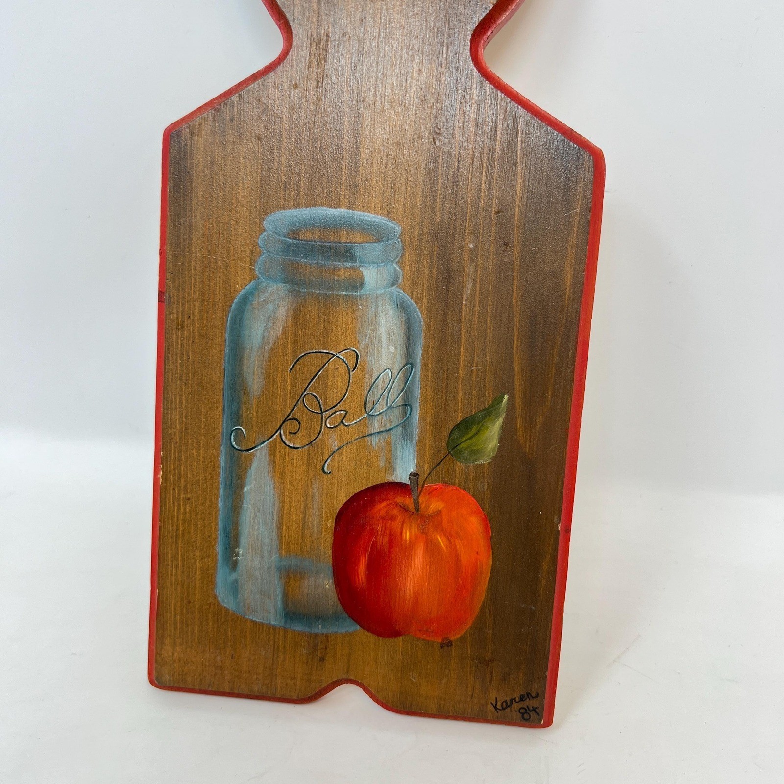 Vintage Painted Wooden Cutting Board Apple Ball Jar Wall Decor 11.5″ Signed