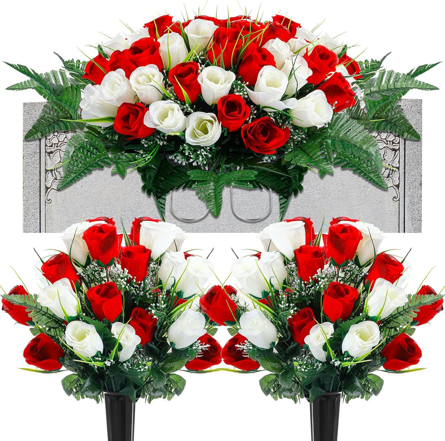 3 Pcs Artificial Cemetery Flower Set with Vase – Red & White Memorial Bouquets