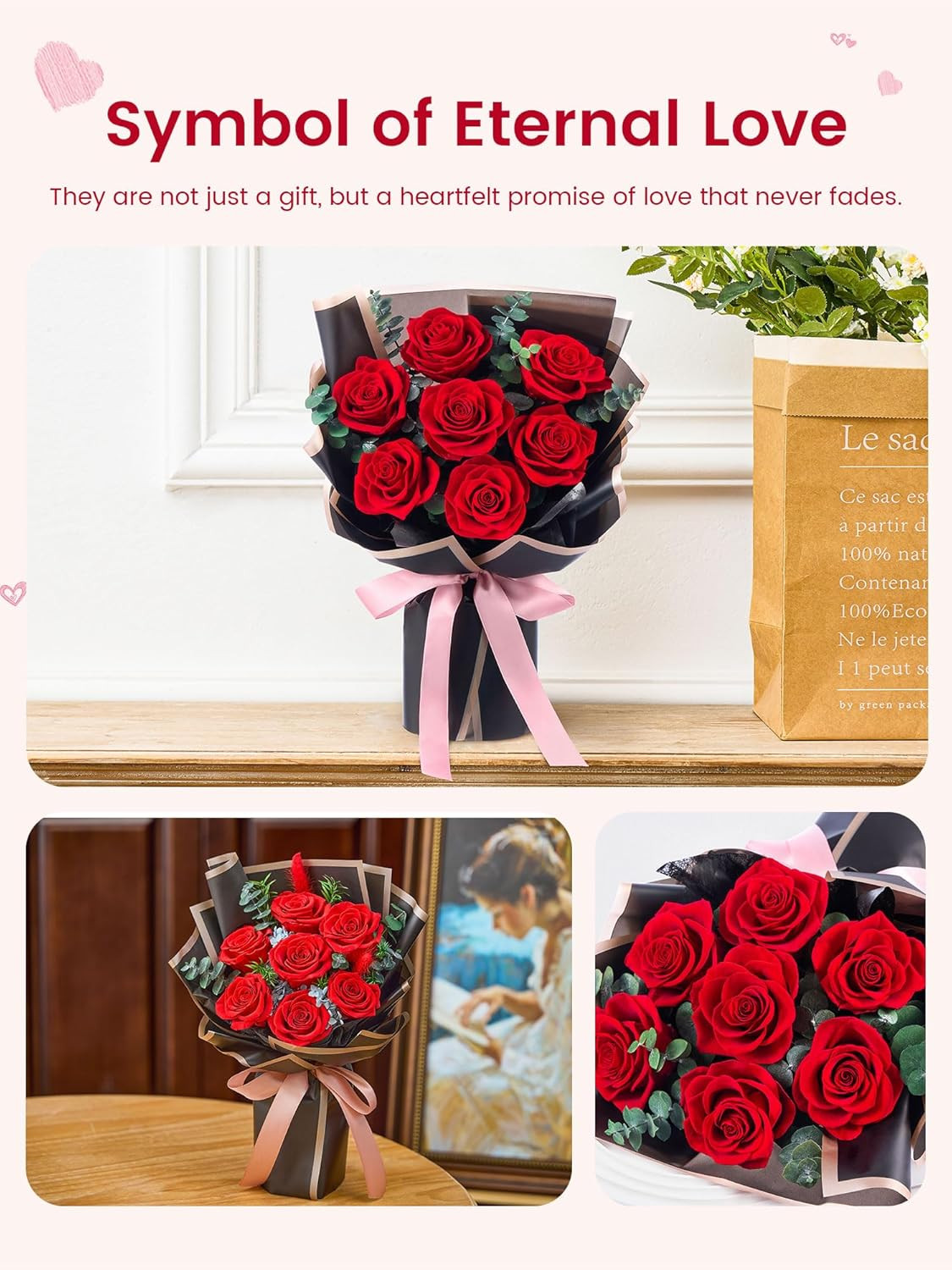 7 Piece Preserved Red Roses Bouquet Gift for Women Mother Wife