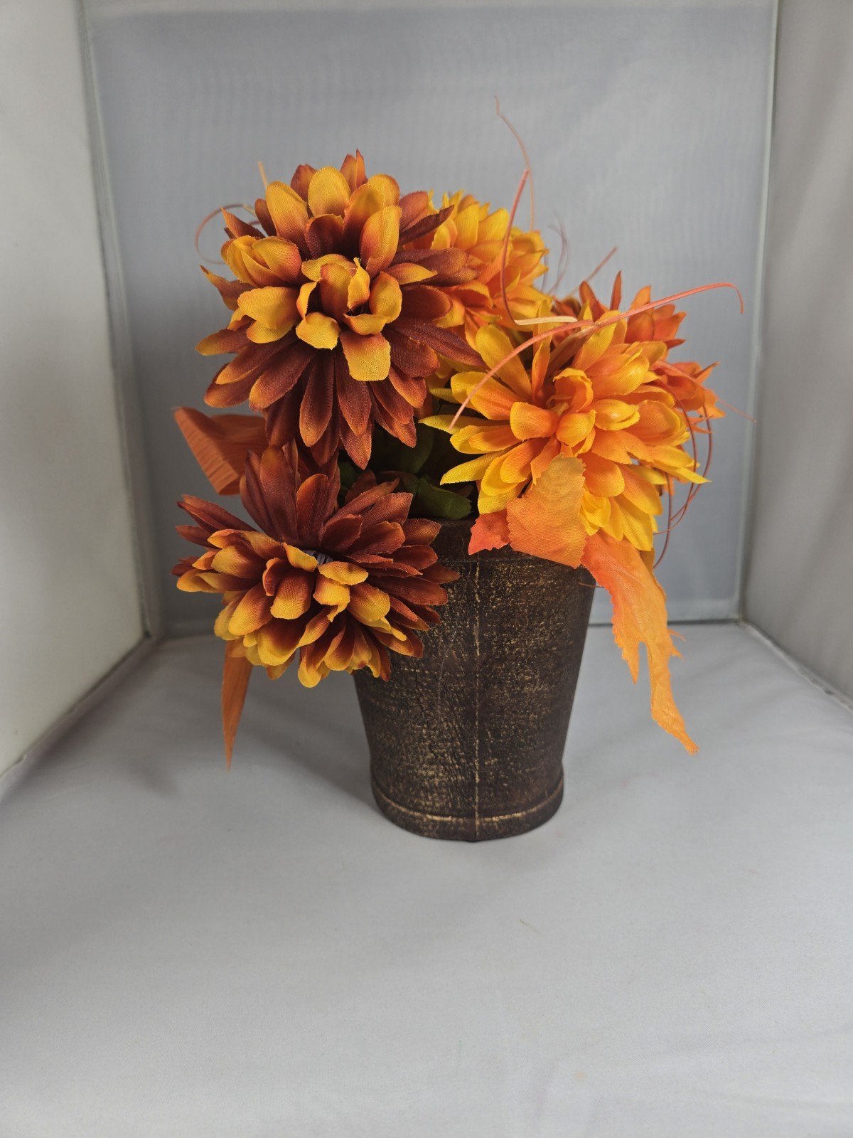 Fall Floral Decor Bouquet & Vase, Autumn Arrangement w/ Leaves Centerpiece