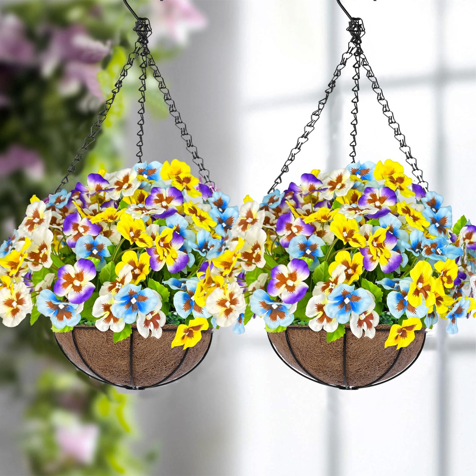 Artificial Hanging Flowers Plants Baskets Outdoor Outside Decoration, Pansies…