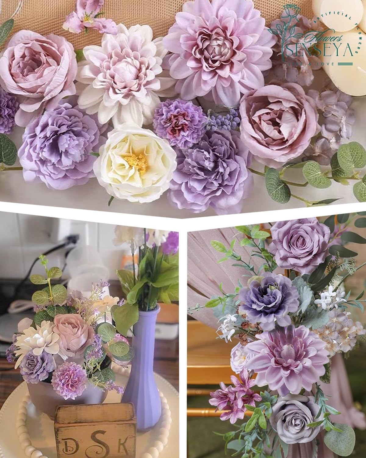 Artificial Flowers Combo Set, Purple Silk Roses, Peonies, Dahlias with Stems …
