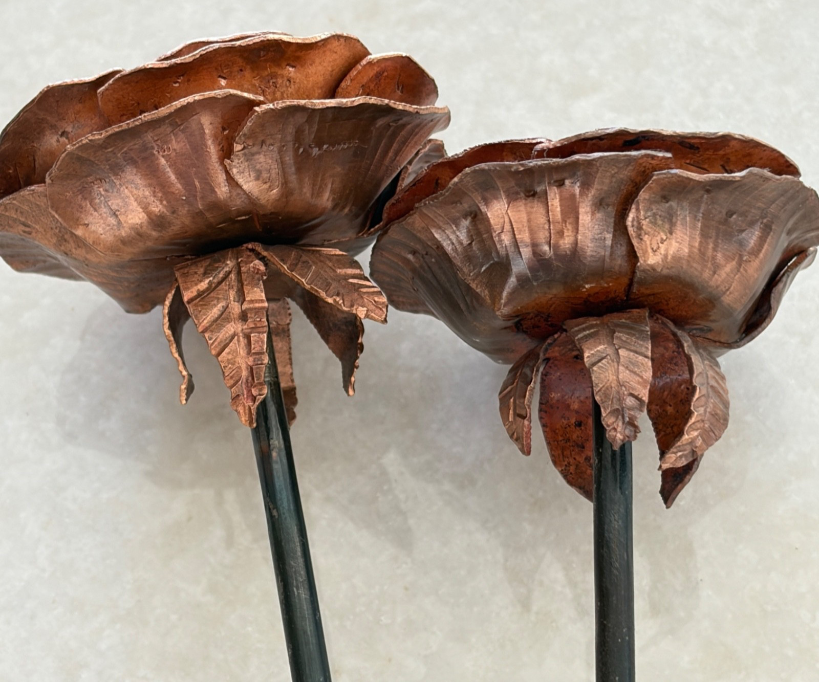 Copper-Tone Metal Rose Sculpture Pair 7” 9” Handcrafted Floral Decor