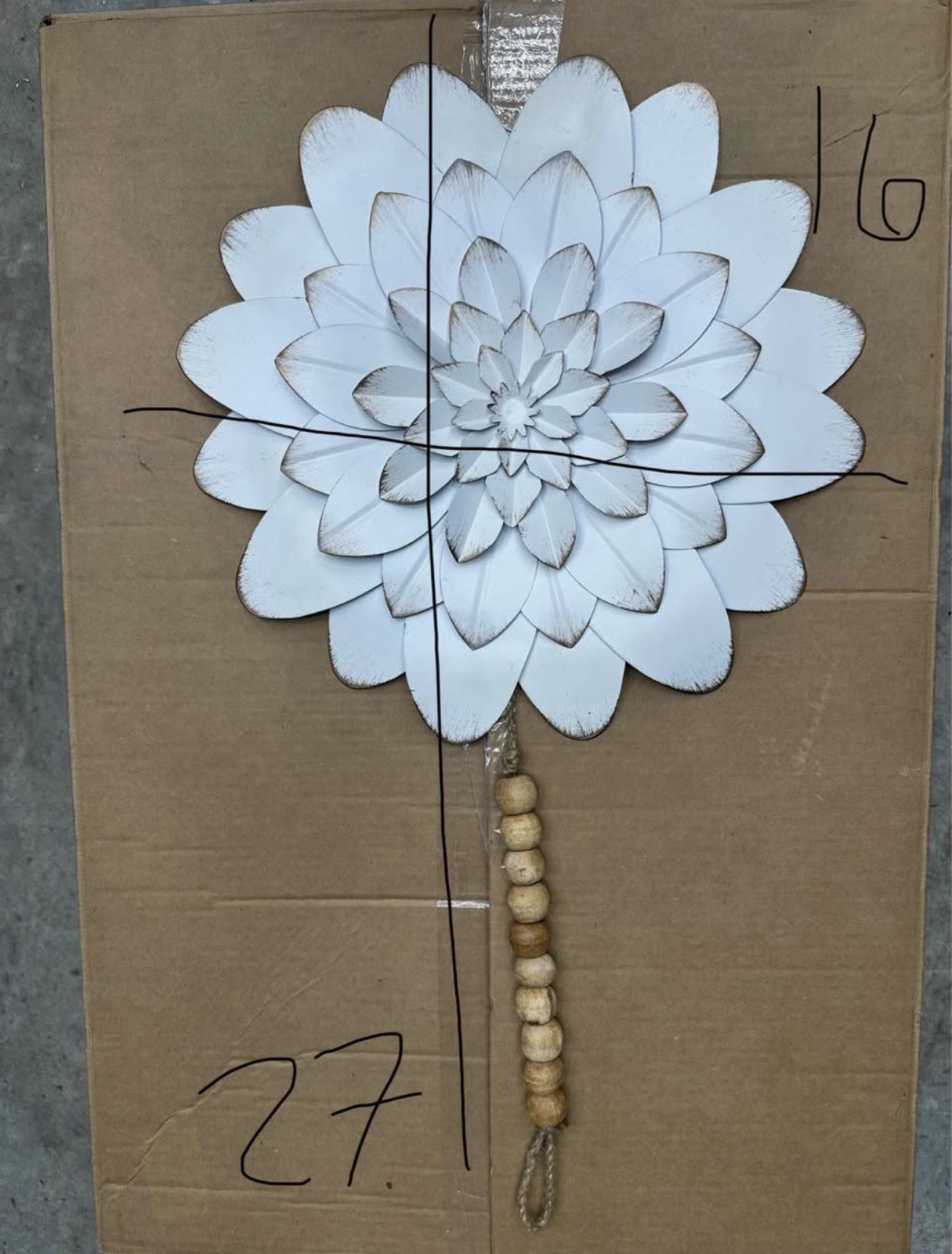 White Wooden Dahlia Floral Wall Decor Hanging Decoration, Wood Bead Tassel 27×16