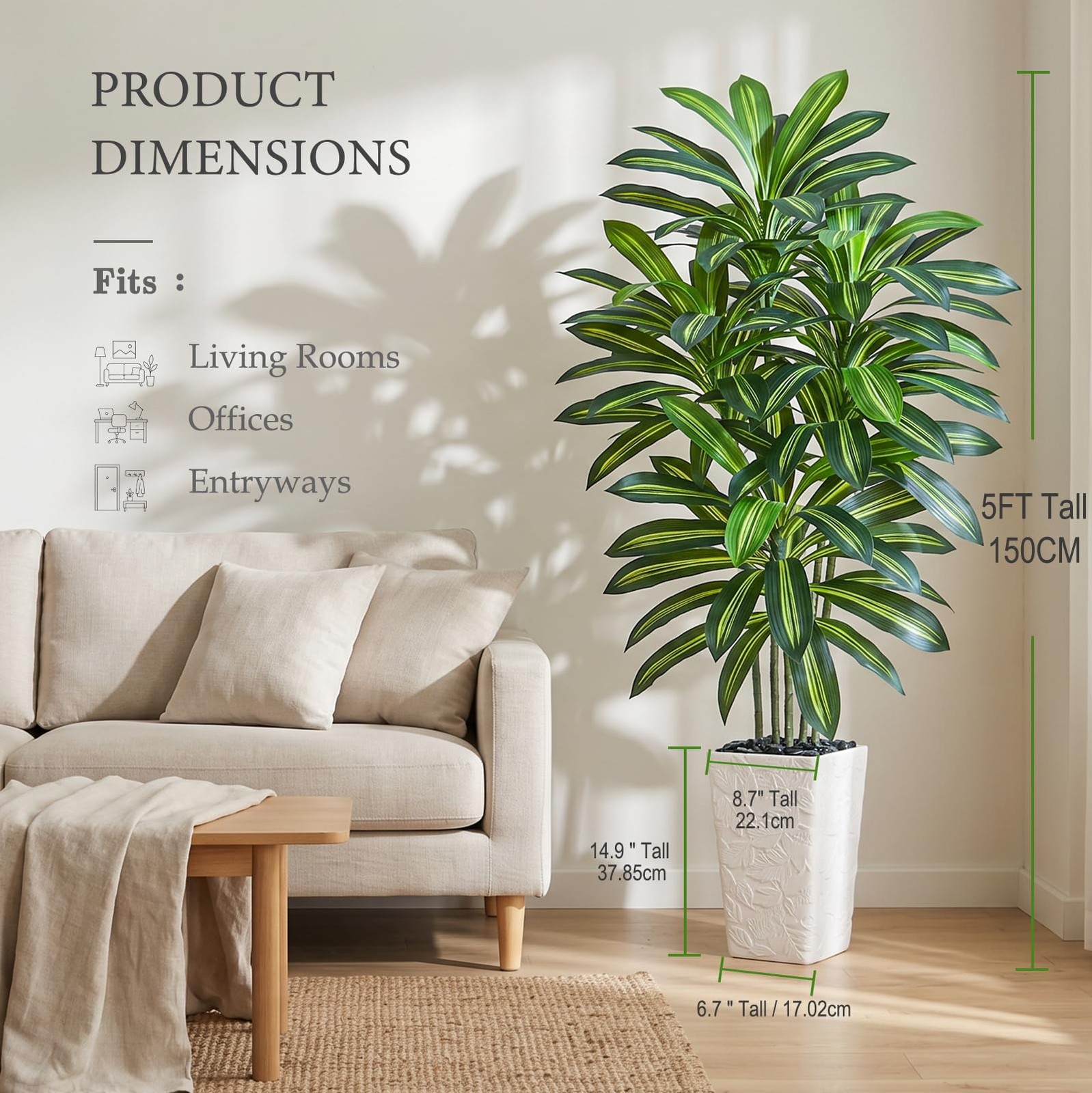 Artificial Dracaena Tree 5FT – Fake Tree with White Tall Planter – Artificial…