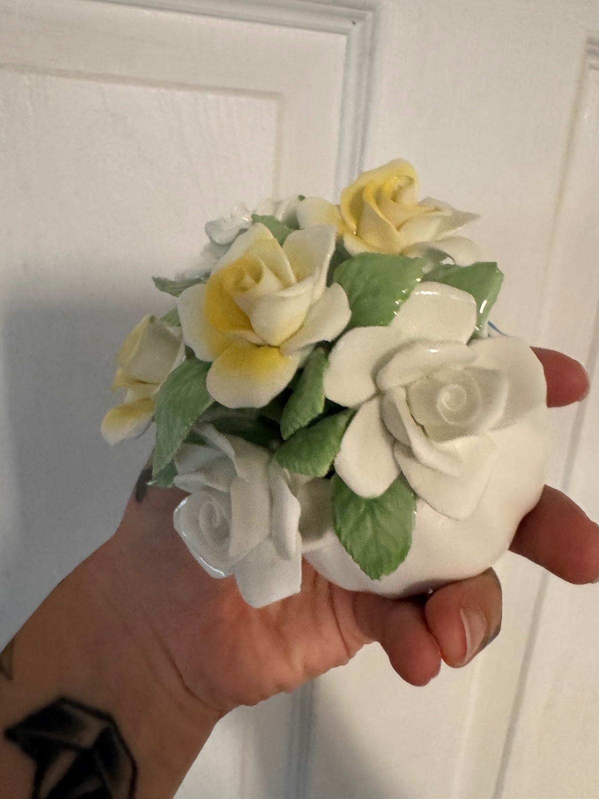 Vintage Ceramic Flower Bouquet Figurine with Yellow and White Roses
