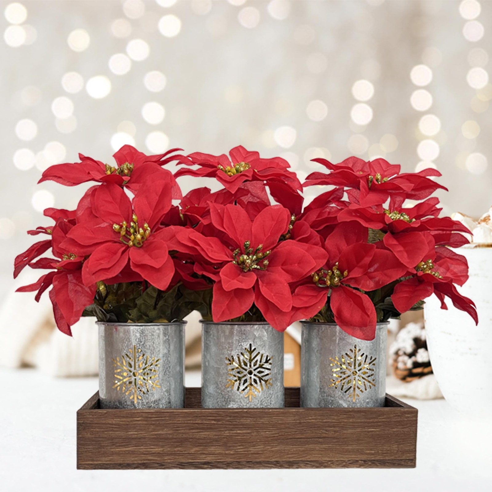 3 PCS Artificial Poinsettia Flower Arrangement Galvanized Pot Wood Tray Lights
