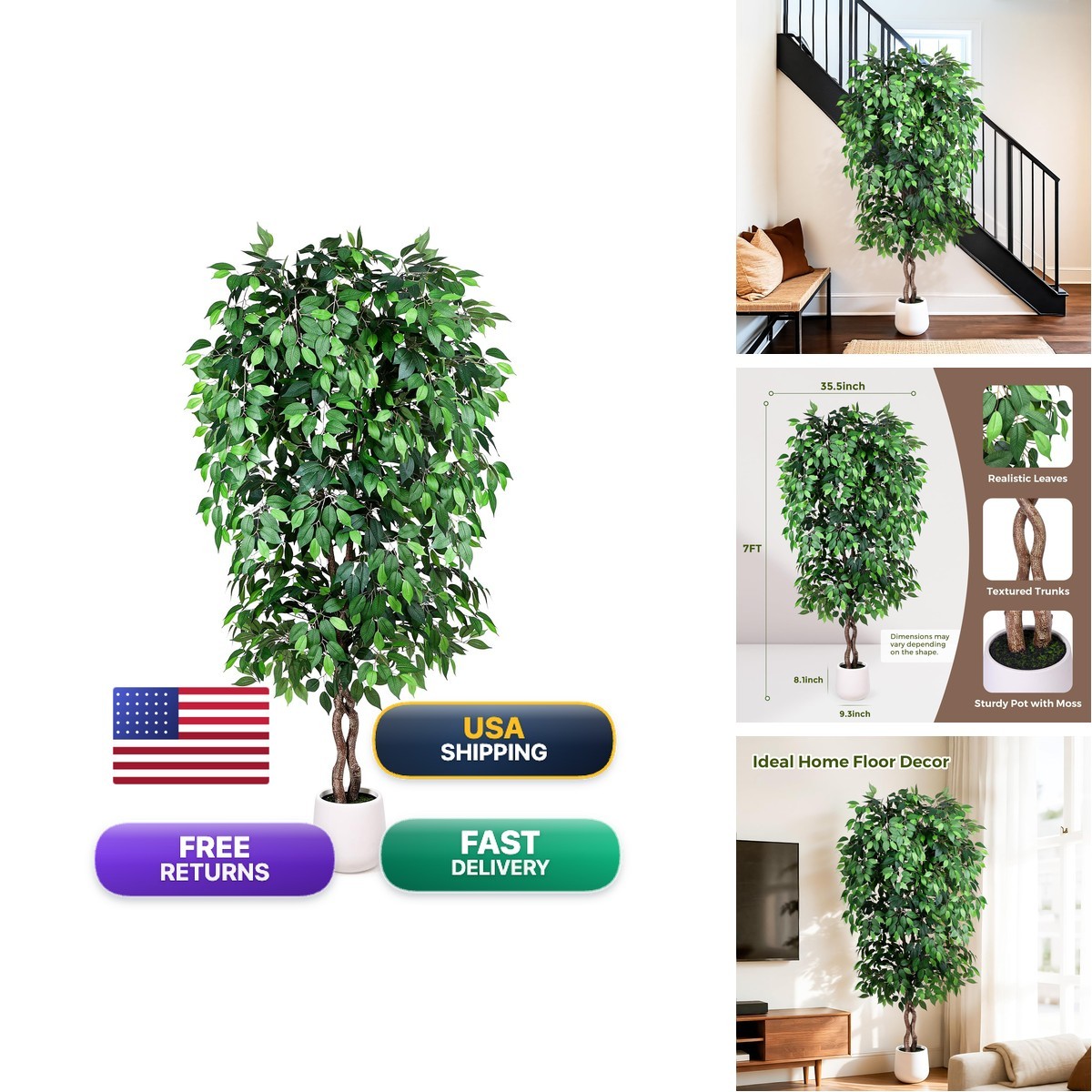 Jocoevol 7FT Artificial Ficus Tree, Tall Faux Trees Indoor White Planter, Dried