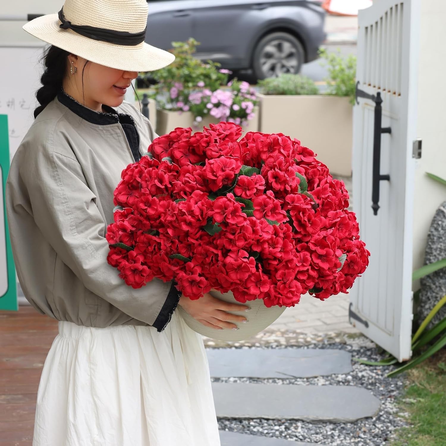 Elegant 6 Bunches of UV Resistant Red Geraniums – Forever Fresh Outdoor Decor