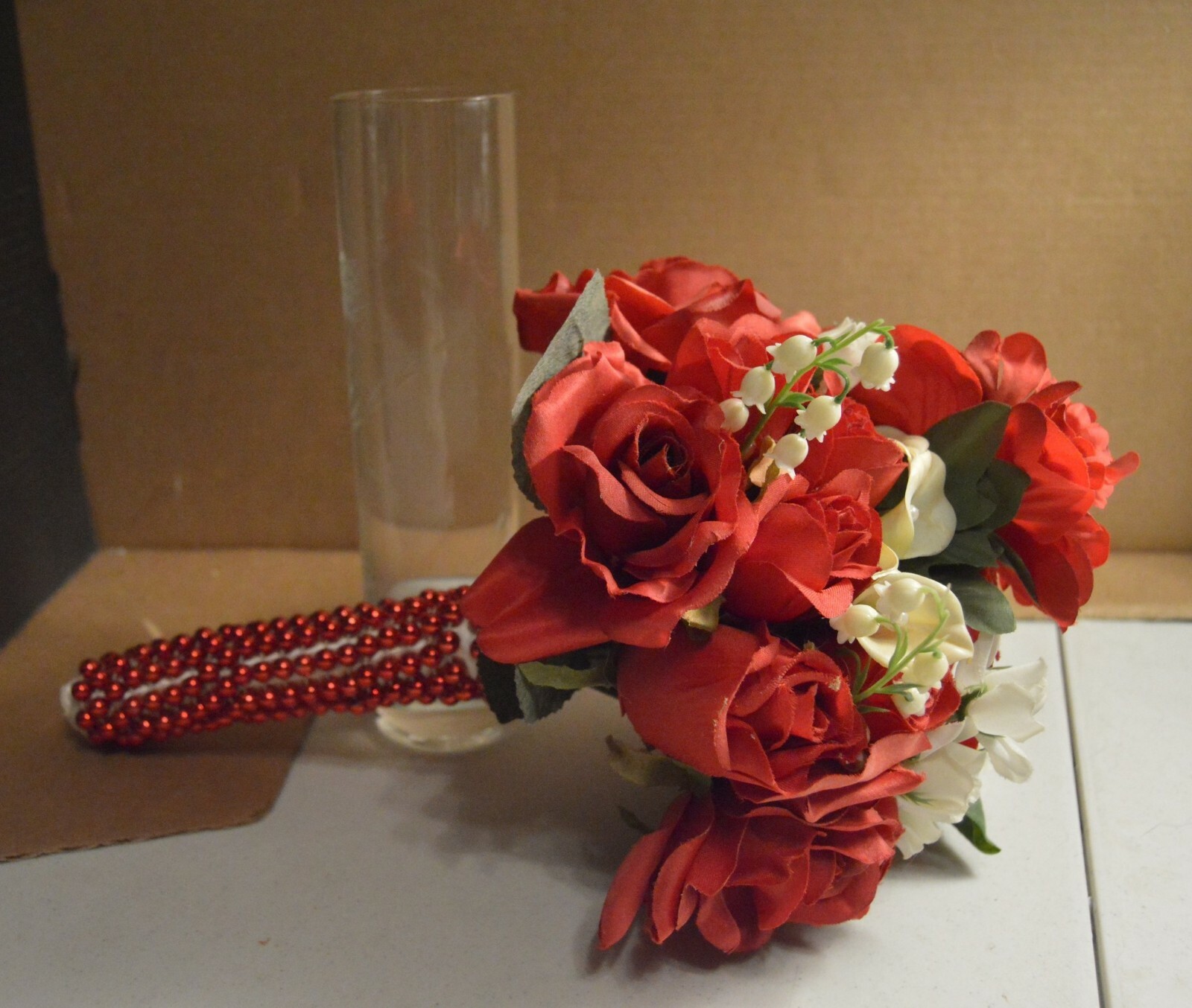 Artificial Roses Flowers Bouquet with Cut Crystal Vase ~14″ Tall Overall