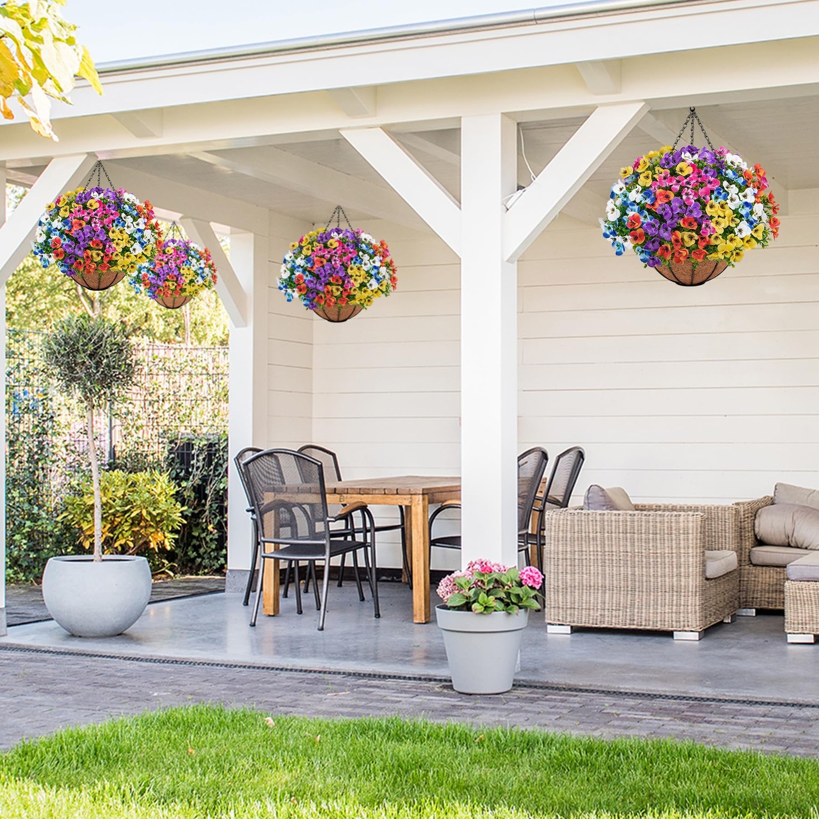 Besteek Artificial Hanging Flowers with Baskets for Outdoors, Fake Silk Pansy…