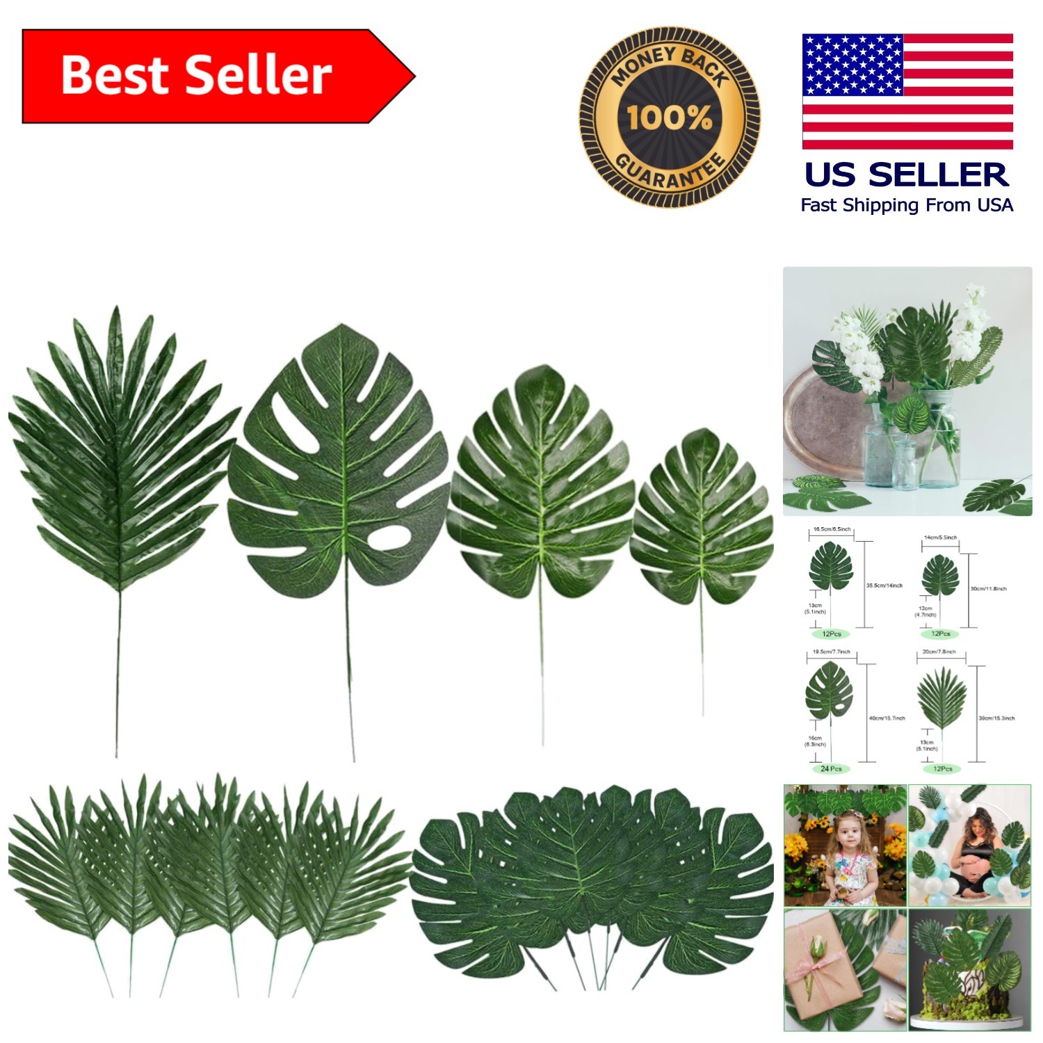 Assorted 60 Faux Tropical Leaves with Flexible Stems for Home & Party Decoration