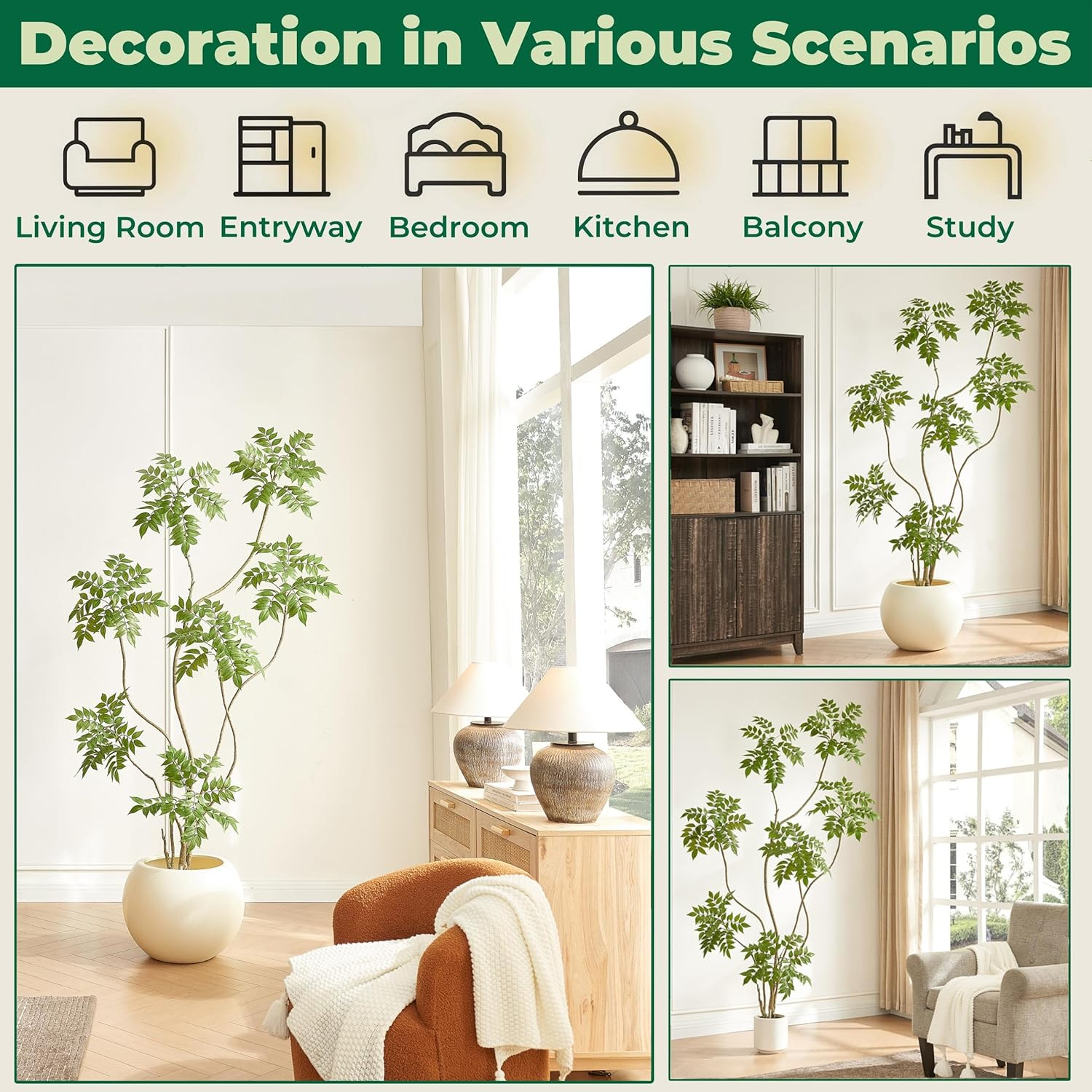 6.5FT Artificial Sumac Tree in White Pot – Realistic Faux Plant for Home Decor