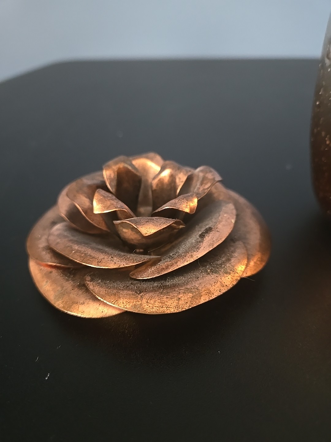 Copper Metal Rose Flower Top handcrafted bent welded & Partial Candle Glass